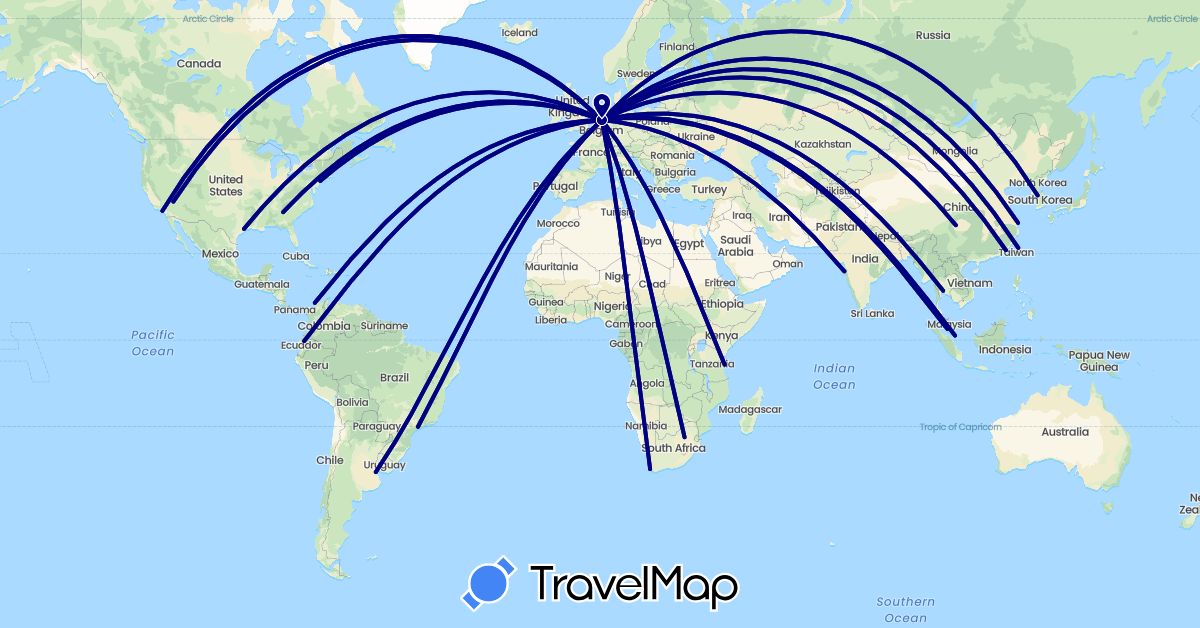 TravelMap itinerary: driving in Argentina, Brazil, China, Colombia, Ecuador, India, South Korea, Malaysia, Netherlands, Singapore, Thailand, Taiwan, Tanzania, United States, South Africa (Africa, Asia, Europe, North America, South America)